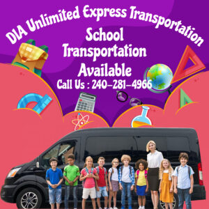 A bus with children in front of it and the words " school transportation available ".